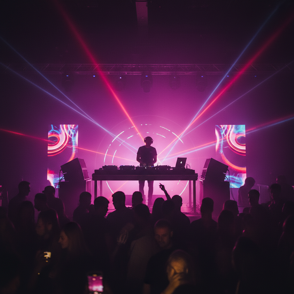 Dark nightclub scene with DJ performing under purple and pink lights