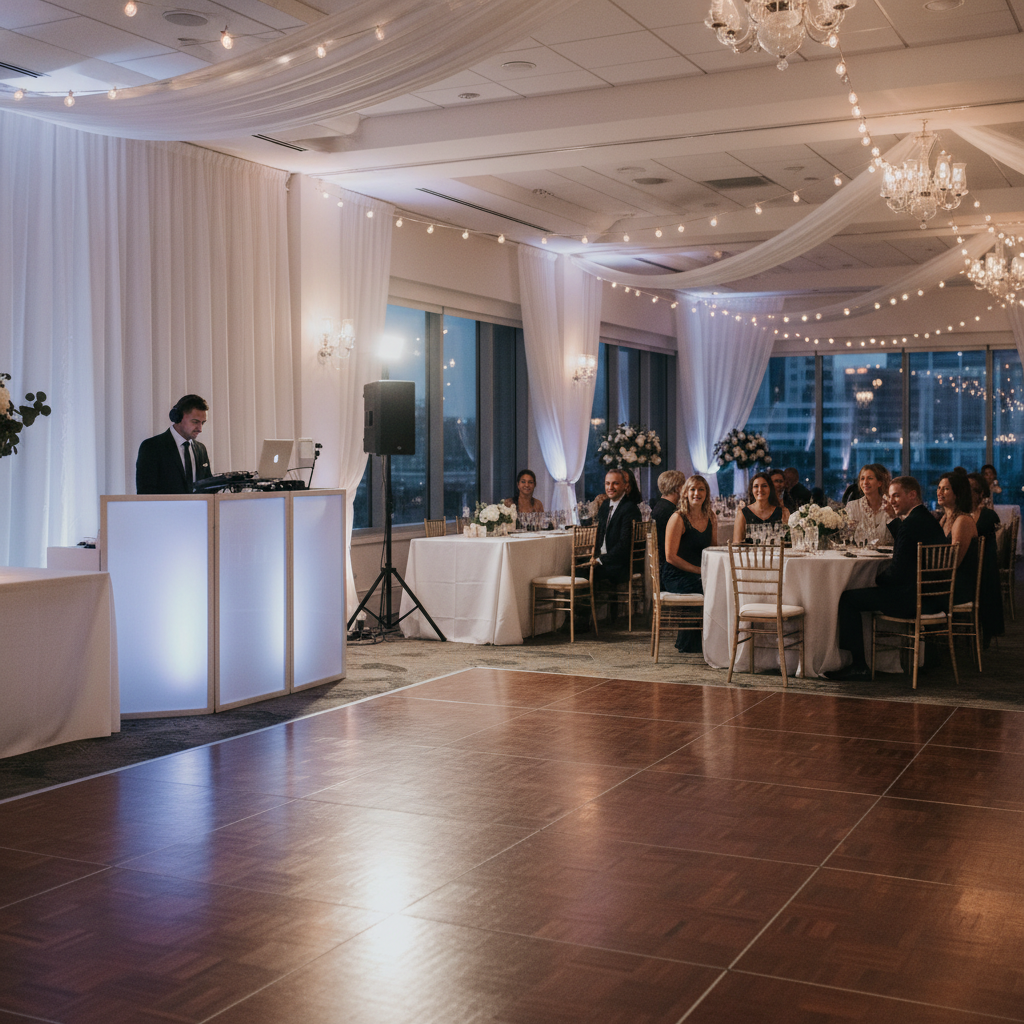 Elegant wedding reception with dance floor and DJ booth