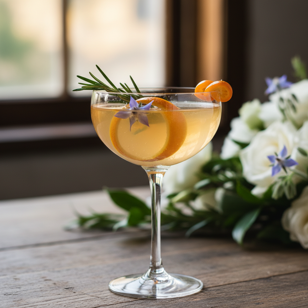 Elegant seasonal wedding cocktail in a coupe glass with citrus and herb garnish