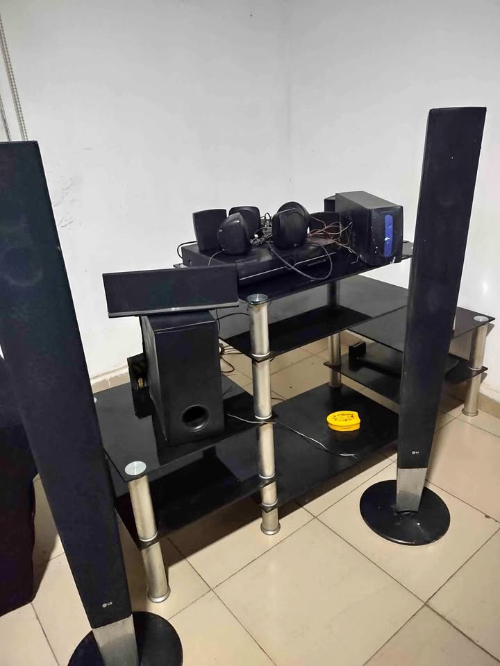 tv console, lg complete sound system, ups