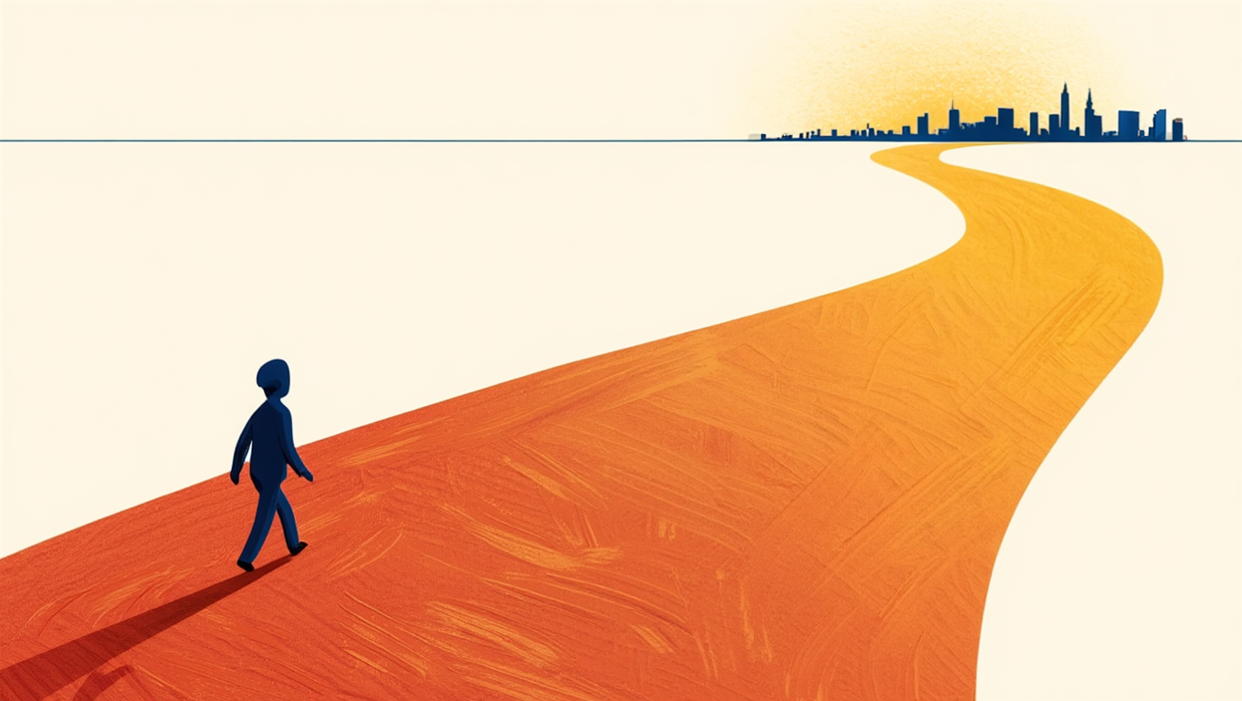 Illustration of a person walking along a path toward the New York City skyline