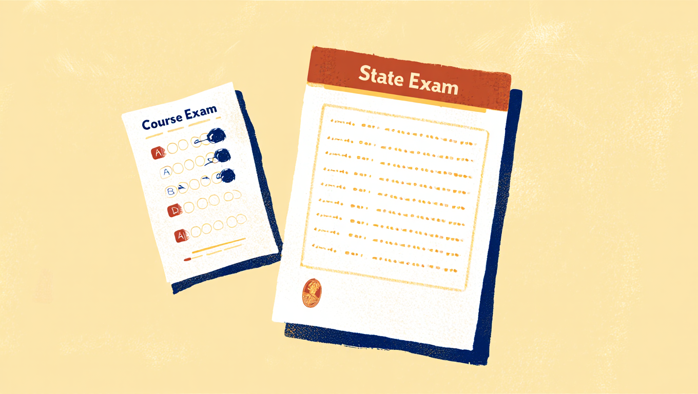 Editorial illustration comparing the New York real estate course final exam and state licensing exam