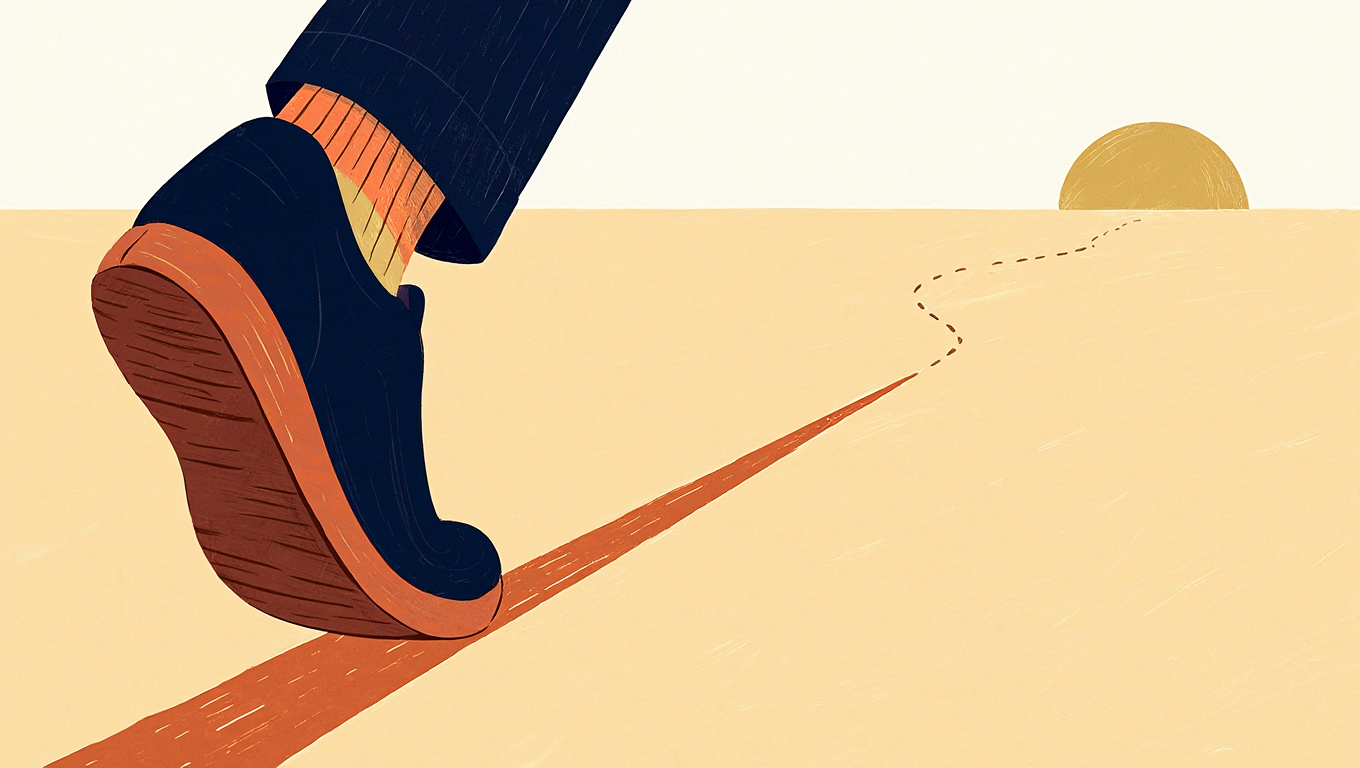 Illustration of a shoe taking the first step along a path toward a rising sun