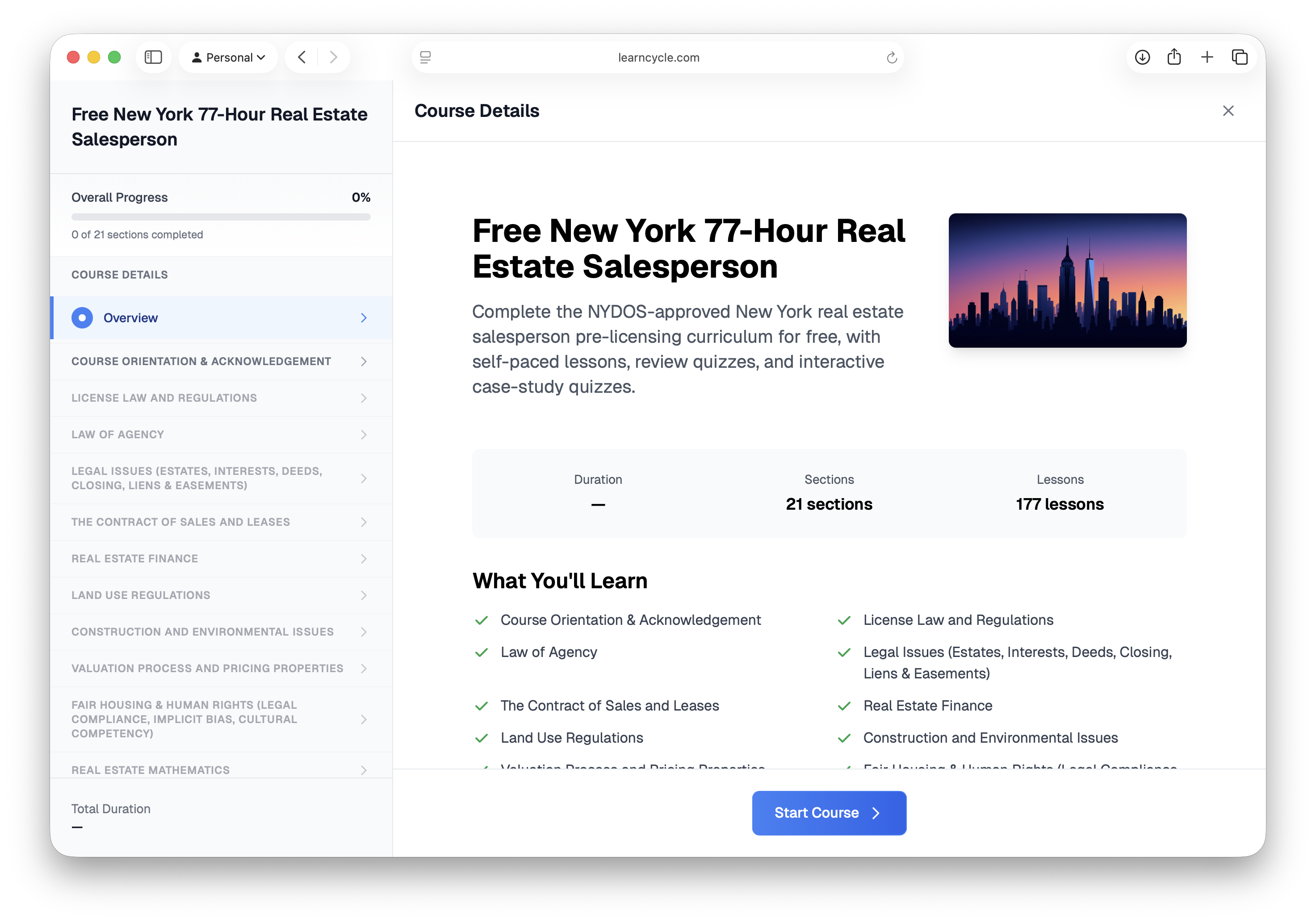 Preview of the New York real estate course viewer