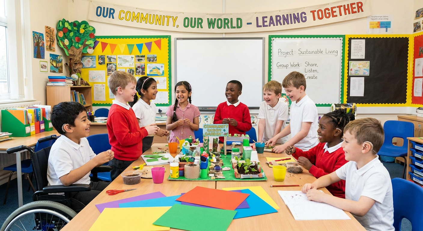 Illustration of Diverse primary school children enthusiastically participating in a group learning activity, colourful and inclusive