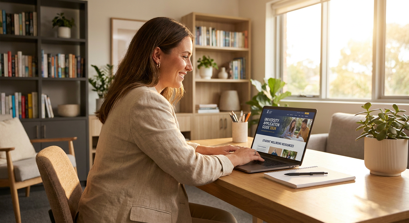 Illustration of Warm, bright shot of a modern educational counsellor on a laptop with a friendly smile in a sunlit study room. Visual style: warm editorial photography, bright natural light, crisp modern educational setting