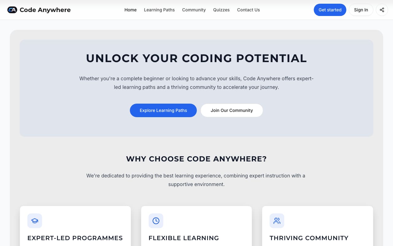 Homepage of Code Anywhere
