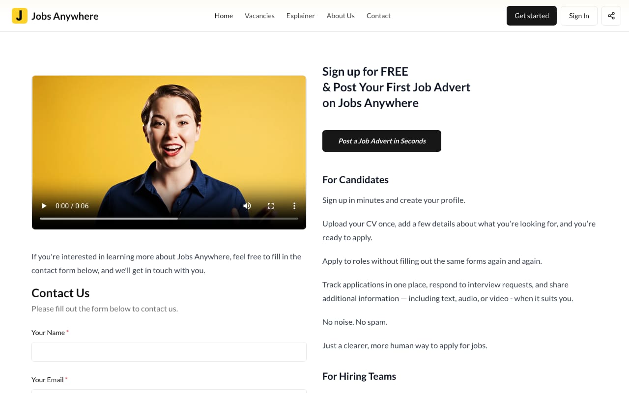 Homepage of Jobs Anywhere