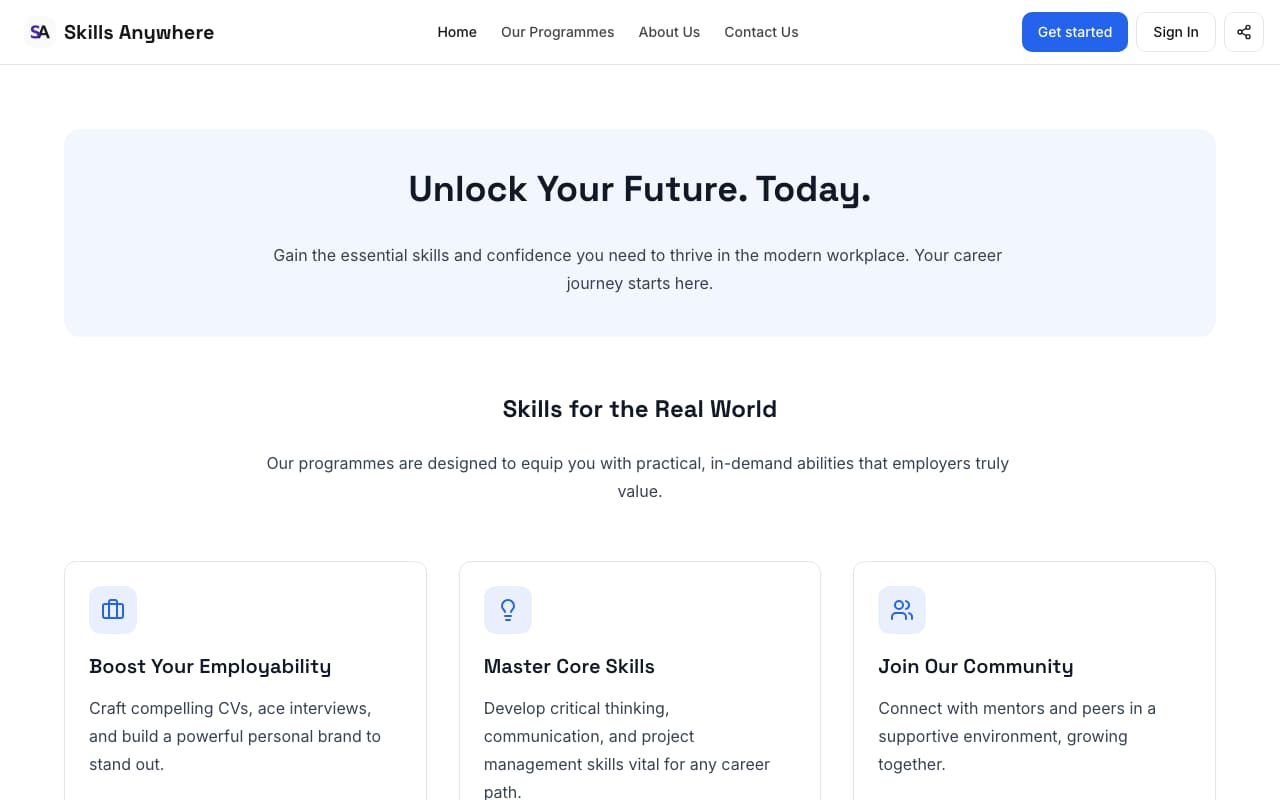Homepage of Skills Anywhere