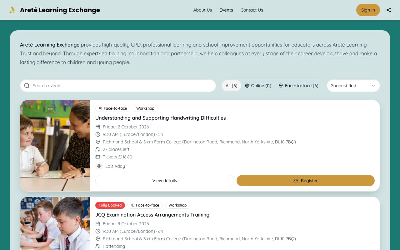 Homepage of Areté Learning Exchange 