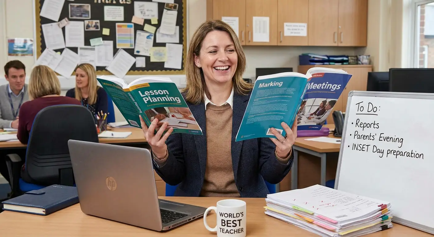 Illustration of a teacher juggling tasks, perhaps juggling books, in a professional setting