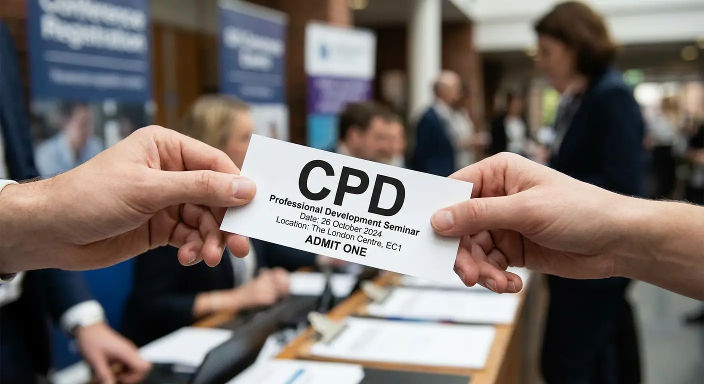Illustration of The word CPD on an event ticket being handed to someone