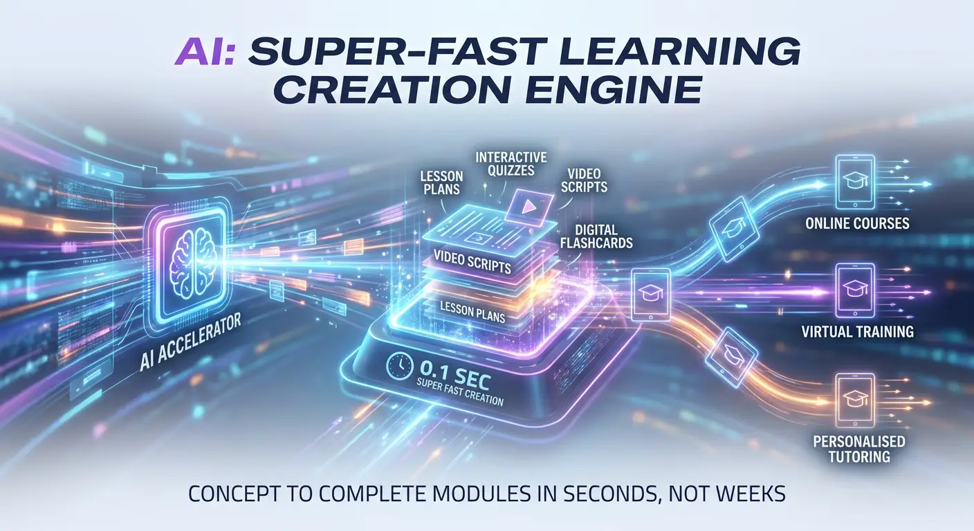AI-powered accelerator rapidly transforming concepts into complete learning modules, with text in UK English.