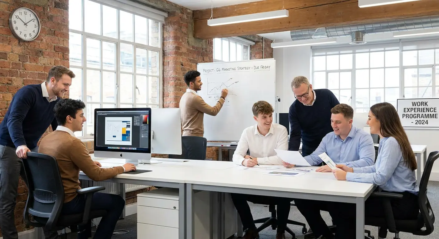 Illustration of a group of students doing work experience in a professional office setting