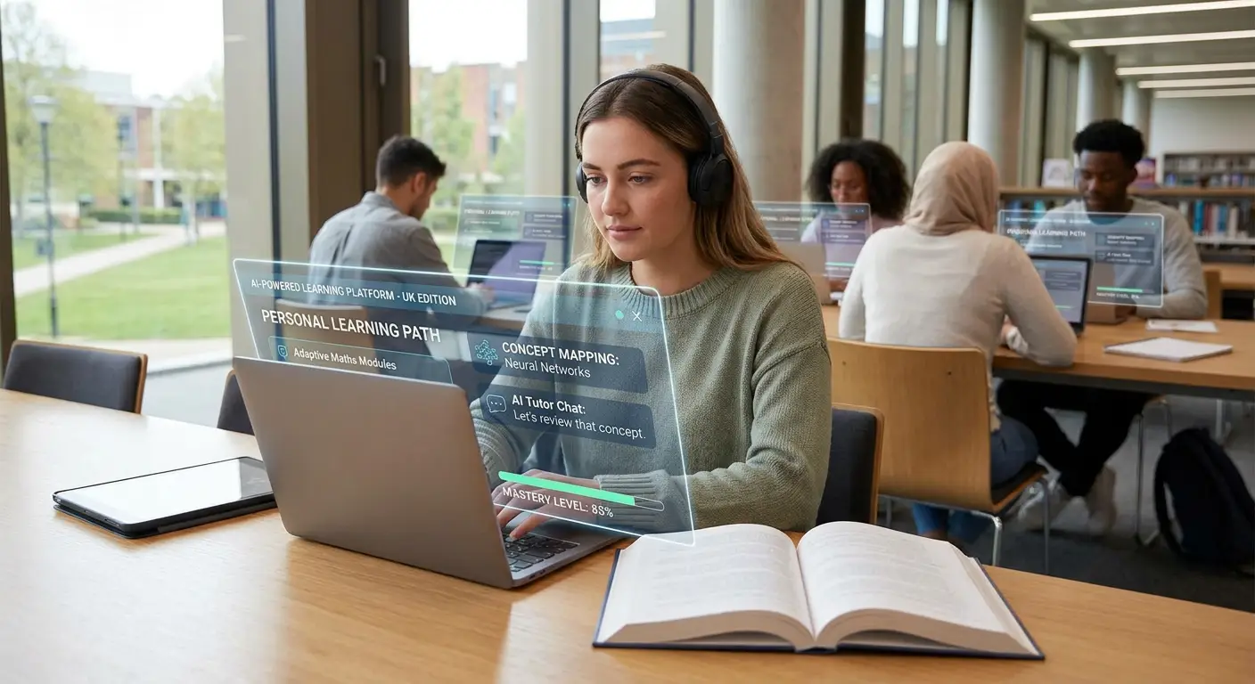 Illustration of AI Powered Learning Platform - photo-realistic picture of a person, but how AI transforms learning