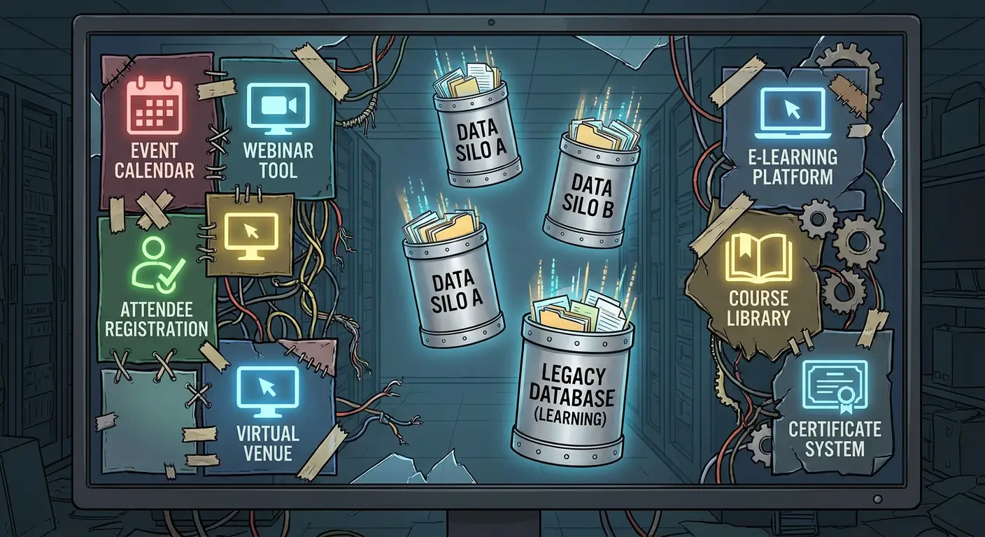 Illustration of Disjointed, fragmented event management and learning systems where lots of different tools have to be stitched together and data sits in different silos
