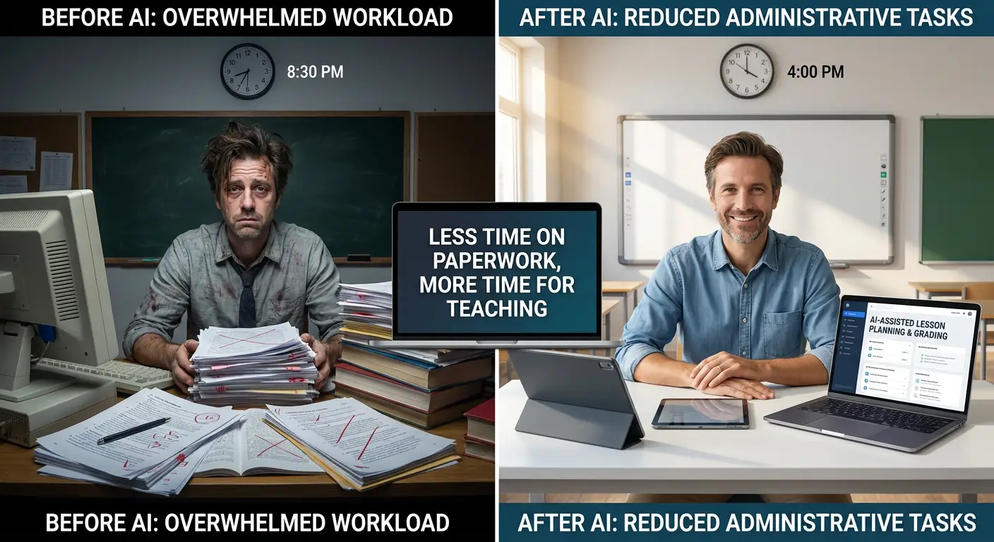 Illustration of a photorealistic image of a before and after scenrio with a teacher before and after AI showing how teachers can reduce workload with AI