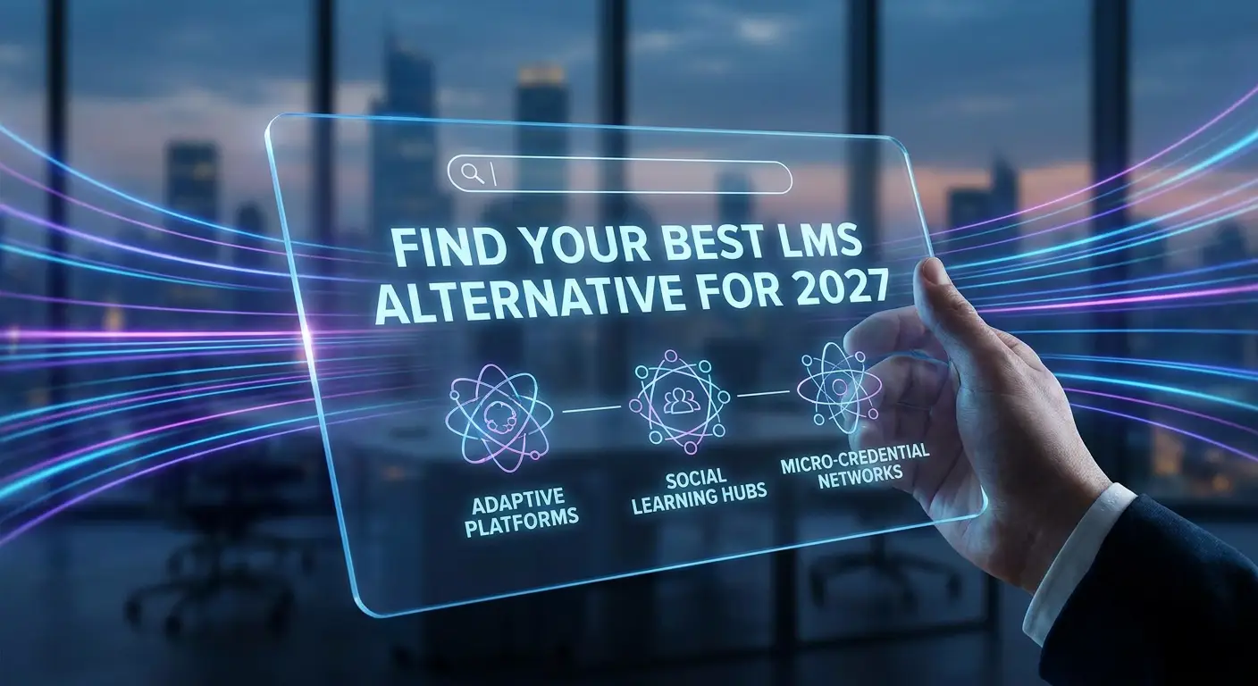 A futuristic digital interface displayed on a transparent tablet shows options for LMS alternatives.