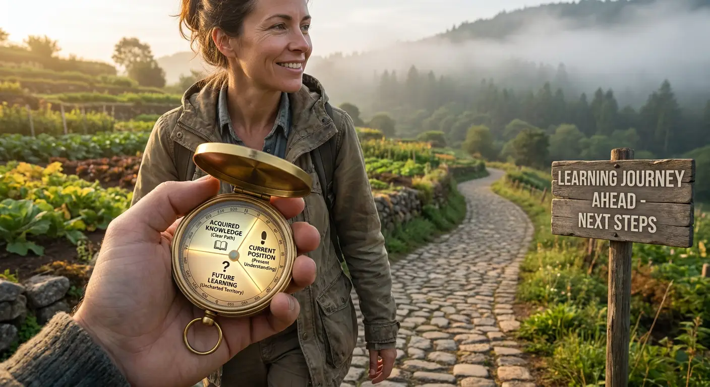 A woman smiles as she navigates a winding path, her compass visually mapping her learning journey from acquired knowledge to future steps.