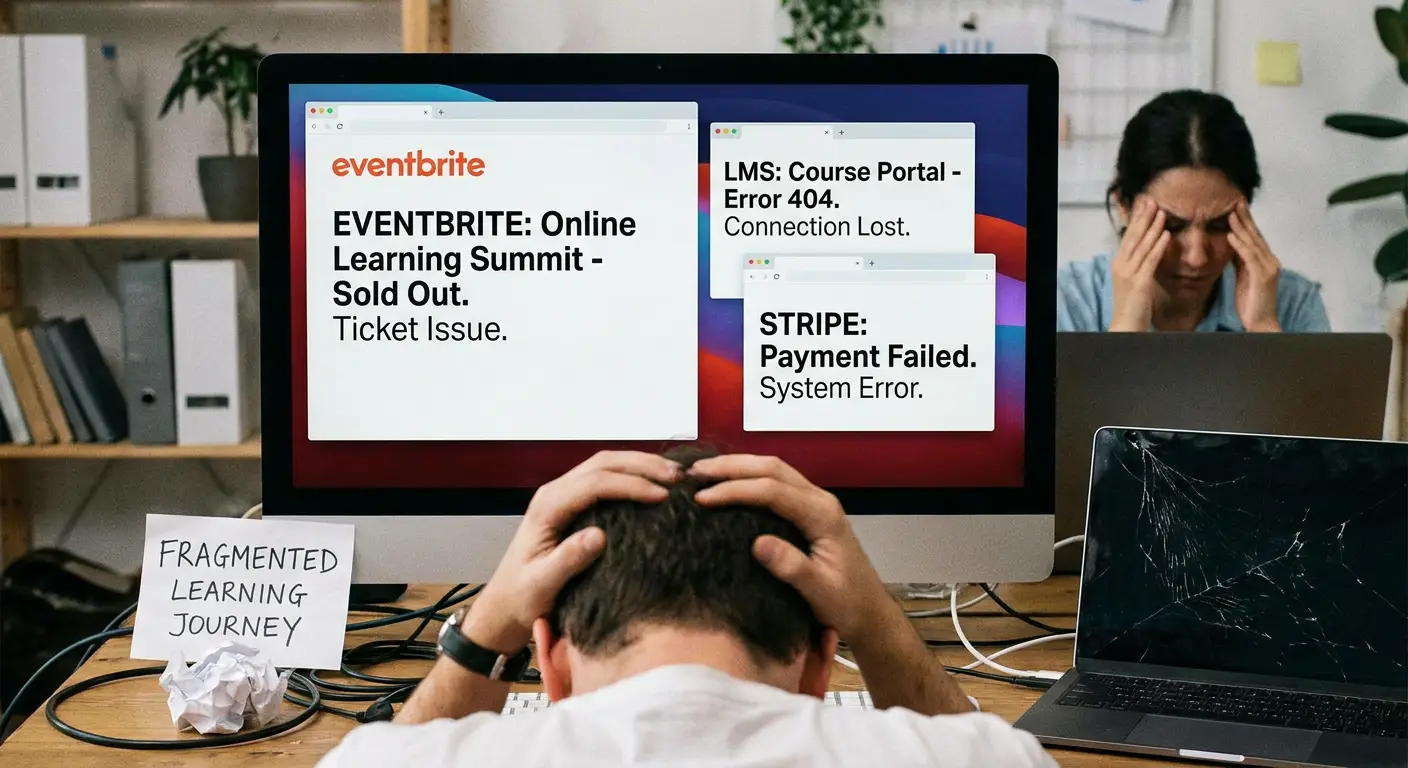 A frustrated user and administrator grapple with a disjointed learning process on a computer displaying Eventbrite, LMS, and Stripe errors, visually representing a fragmented learning journey.
