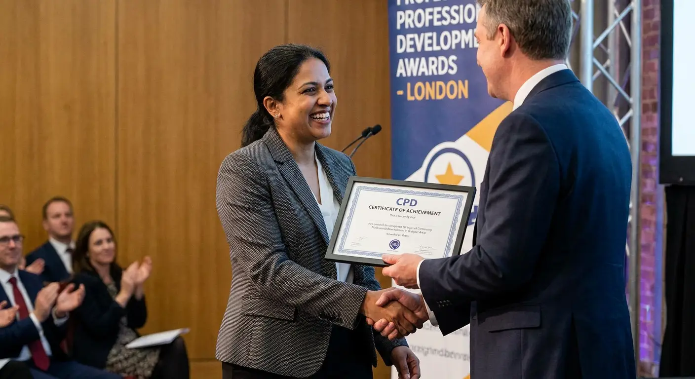 Illustration of CPD certificate with a person smiling as they are awarded it - photorealistic