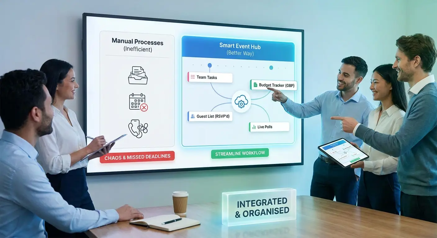 A visual representation of a modern, digital event management platform being used by a team, contrasted with inefficient manual methods.