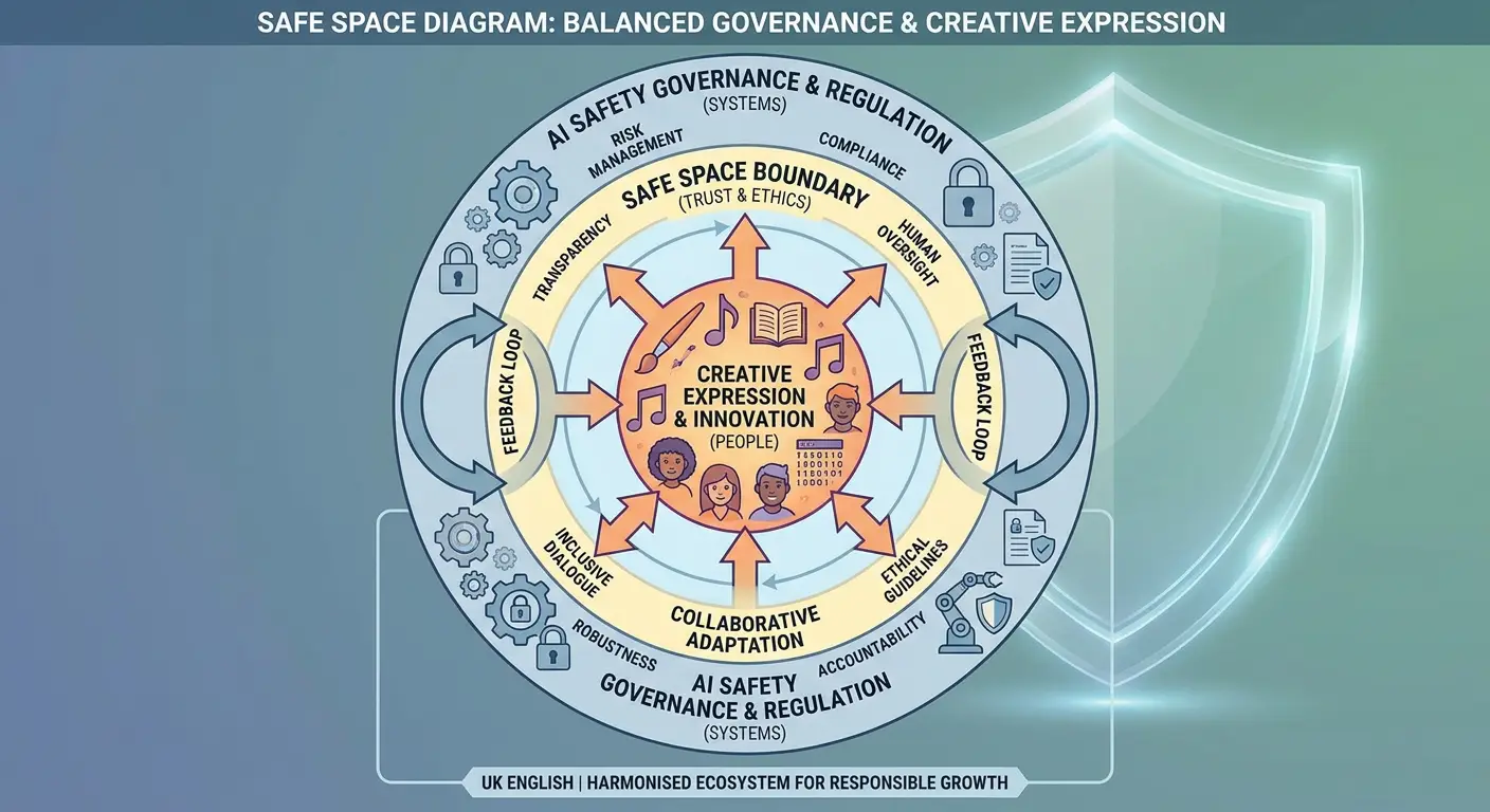 A diagram illustrating a safe space framework where AI safety governance and human creativity co-exist in a balanced, protected environment.