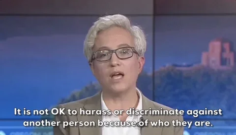 A TV news guest saying, 'It is not OK to harass or discriminate against another person because of who they are.'