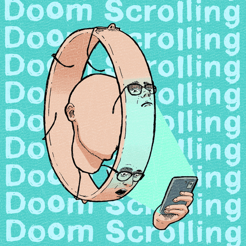 the words doom scrolling with an animation of person holding a phone and circle surrounding their head