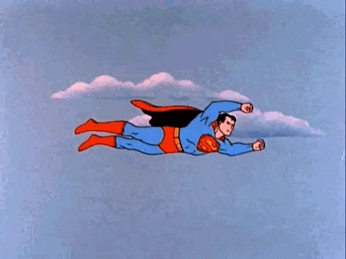 An old cartoon of Superman flying through the sky.
