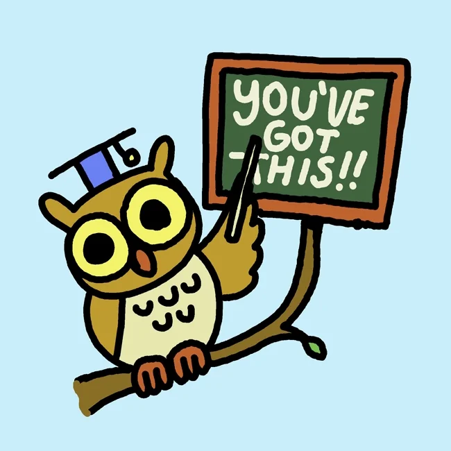 An owl with a graduation cap perched on a branch with a sign.