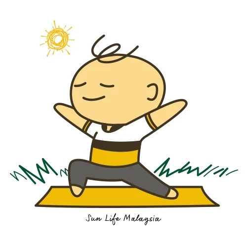 A cute cartoon character doing yoga under the sun with a happy expression.
