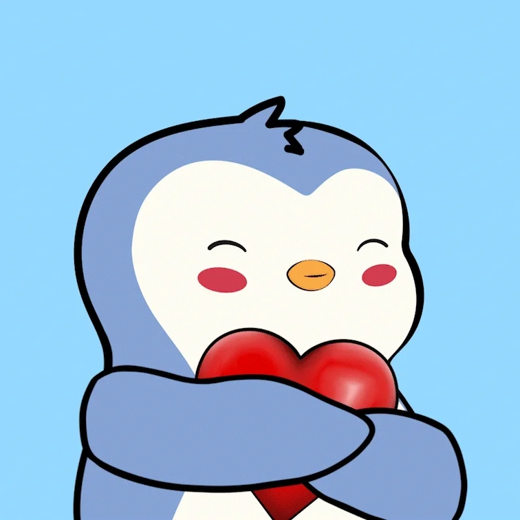 A cartoon penguin hugging a heart.