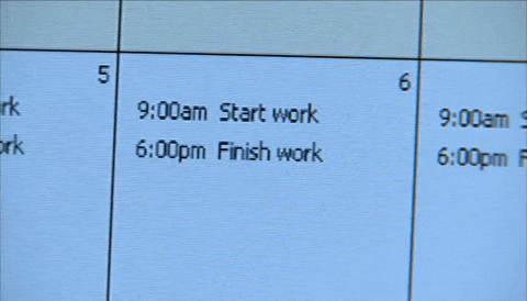 A work schedule on a computer screen. Each day's entry reads '9am start work; 6pm finish work'.