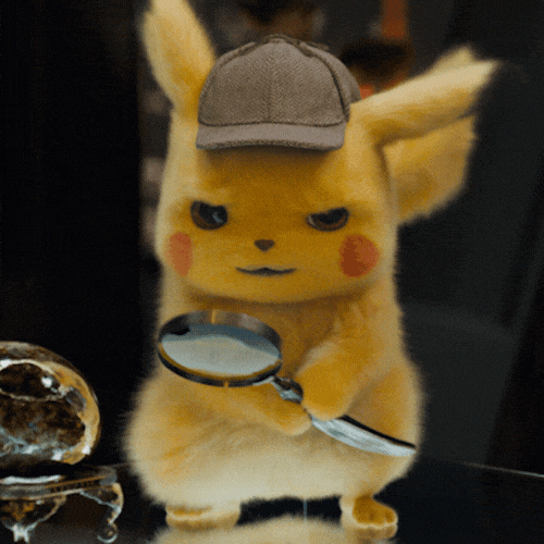 Animation of POKÉMON Detective Pikachu (yellow small creature currently wearing a cap) lifting a magnifying glass to his eye
