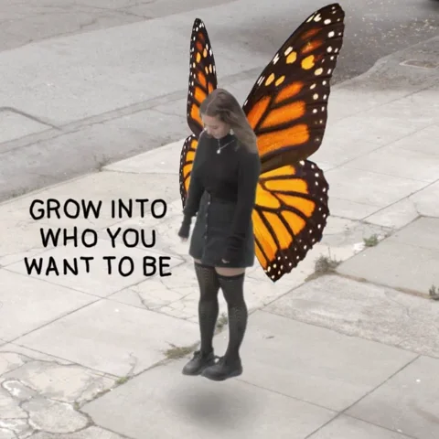 A woman with butterfly wings floating next to the words, 