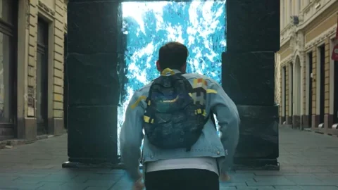 A character walks through a portal and enters a Minecraft-like world.