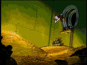 Scrooge McDuck jumping into a pile of gold coins.