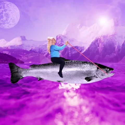 A woman rides a salmon like a horse on a purple sea.