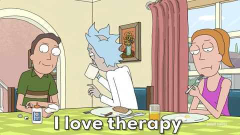 Three animated characters from Rick and Morty sit at a table together. Text overlay reads 'I love therapy'.