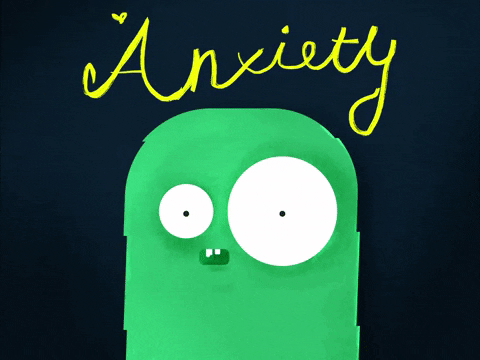 Nervous green character looks back and forth. The word 'Anxiety' written over the image.