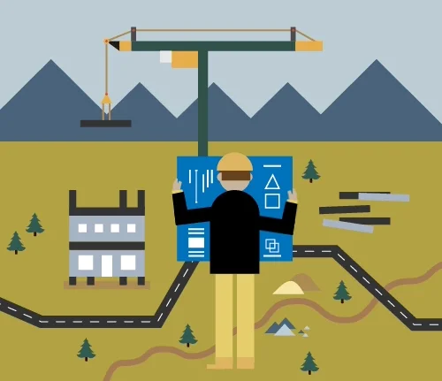Animation of a construction manager looking at blueprints and overlooking a site.