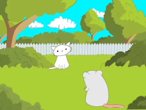 A cartoon cat hunting a mouse in a yard.