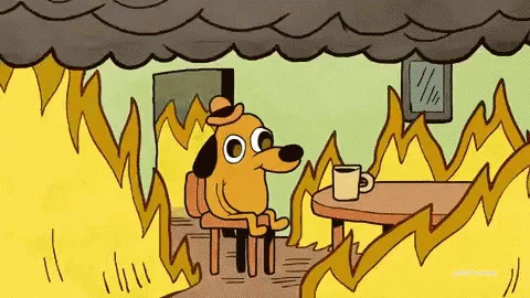 Dog saying 'This is fine,' while sitting in a house on fire.