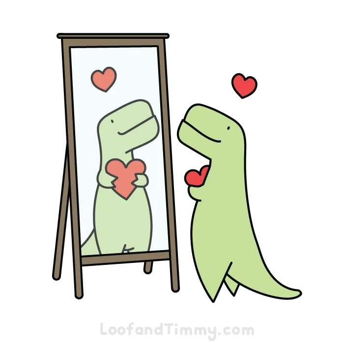 Cartoon of a green dinosaur holding a heart while looking in the mirror and smiling.