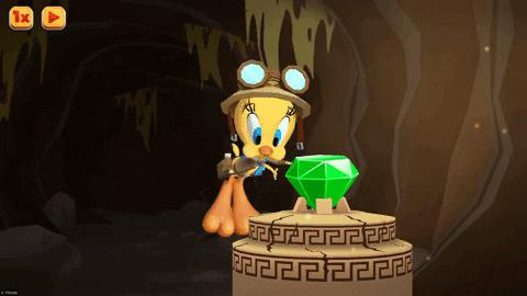 Tweety Bird excitedly finding a gem in a cave.
