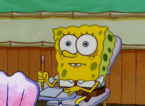 Anxious SpongeBob in class gripping a pencil.