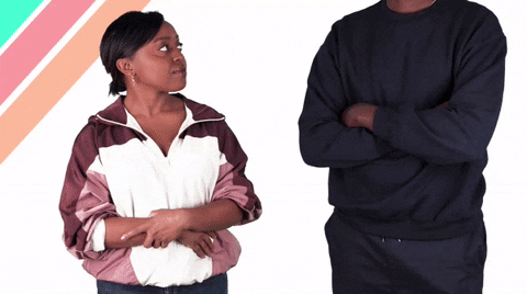 Woman looks at much taller man and text says, 'I'm too short for a long conversation.'