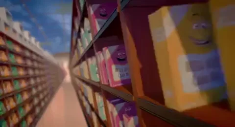 Animated food boxes (from the movie 'Sausage Party') sticking out of their shelves asking to be picked 