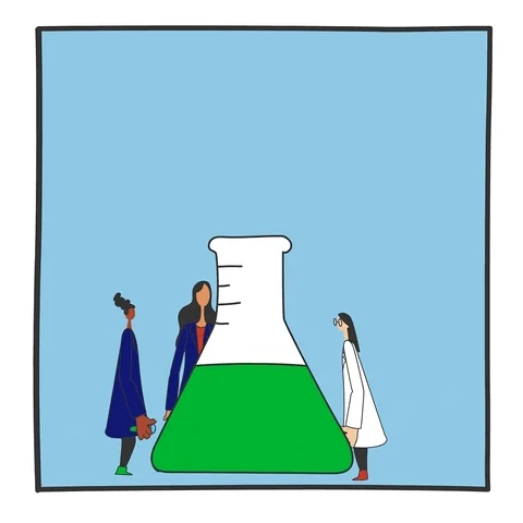An animation of women scientists shattering a glass ceiling during an experiment.
